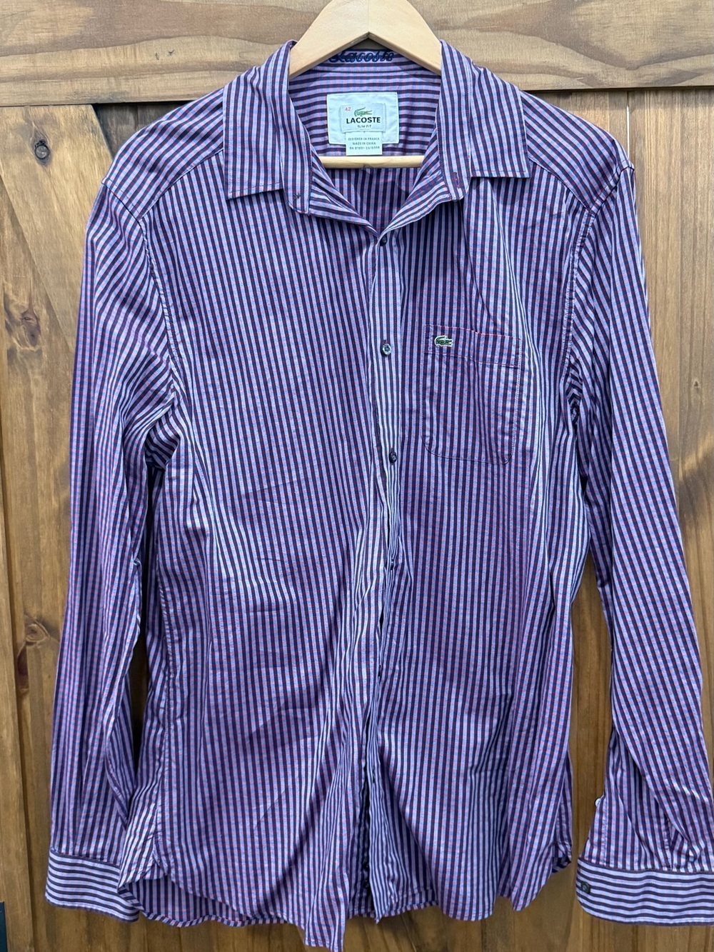 Lacoste Men’s Purple and White Striped Button-Down Shirt